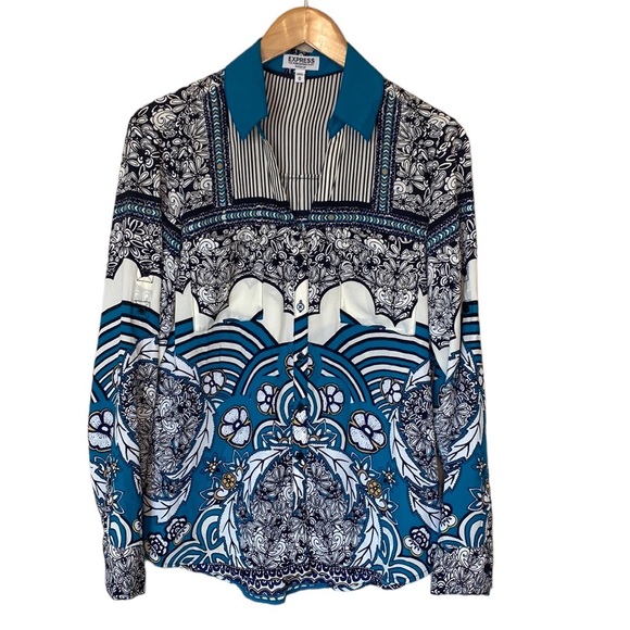 Express Tops - Express The Portfolio Long Sleeve V-Neck Floral Stripes Button Down Shirt M